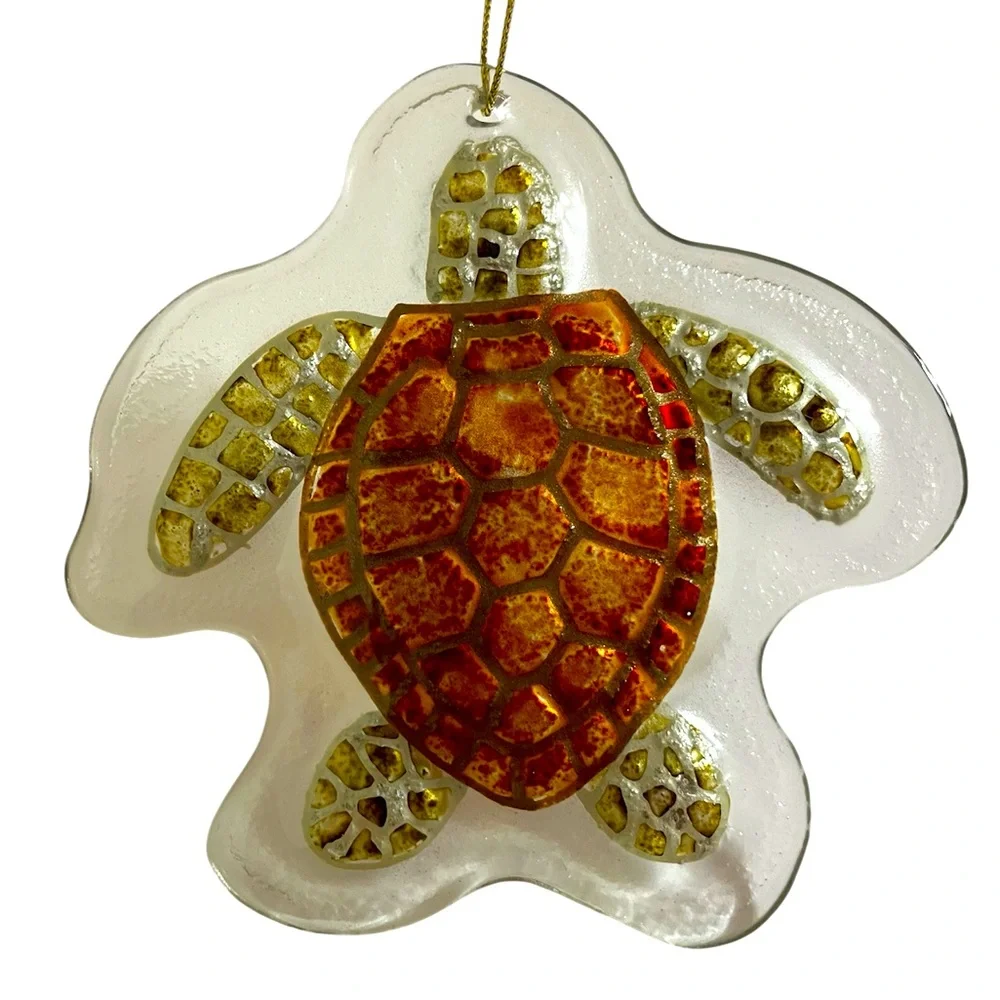 Sea Turtle Clear Glass With Embossed Holiday Christmas Ornament